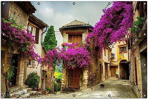 Wallario Outdoor-Poster für Garten oder Balkon Malerische Stadt in der Provence mit bunten Blumen, Motivbanner Größe: ca. 120 x 180 cm, Outdoor-Bild von Wallario