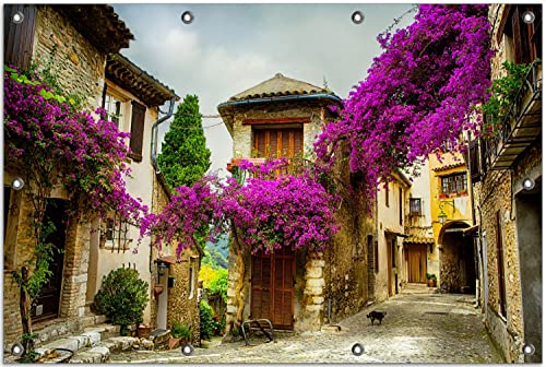Wallario Outdoor-Poster für Garten oder Balkon Malerische Stadt in der Provence mit bunten Blumen, Motivbanner Größe: ca. 80 x 120 cm, Outdoor-Bild von Wallario