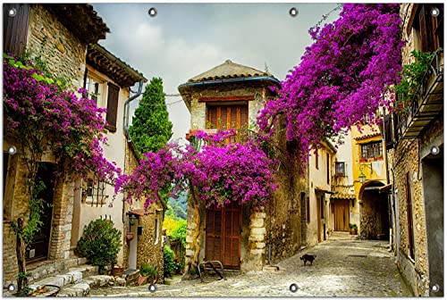 Wallario Outdoor-Poster für Garten oder Balkon Malerische Stadt in der Provence mit bunten Blumen, Motivbanner Größe: ca. 100 x 150 cm, Outdoor-Bild von Wallario