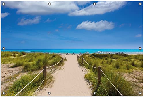 Wallario Outdoor-Poster für Garten oder Balkon Sandweg zum blauen Meer mit blauem Himmel, Motivbanner Größe: ca. 100 x 150 cm, Outdoor-Bild von Wallario