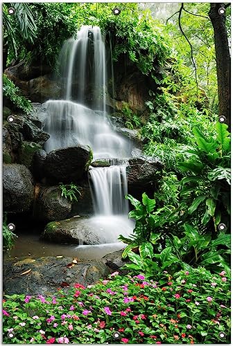 Wallario Outdoor-Poster für Garten oder Balkon Sturzbach im Grünen, Motivbanner Größe: ca. 80 x 120 cm, Outdoor-Bild von Wallario