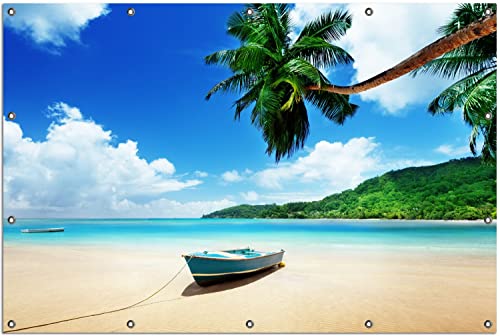 Wallario Outdoor-Poster für Garten oder Balkon Urlaub am Palmenstrand unter Palmen mit Fischerboot, Motivbanner Größe: ca. 120 x 180 cm, Outdoor-Bild von Wallario