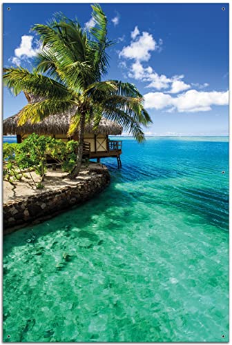Wallario Garten-Poster Outdoor-Poster - Karibisches Meer – Einsame Hütte unter Palmen in Premiumqualität, Größe: 61 x 91,5 cm, für den Außeneinsatz geeignet von Wallario