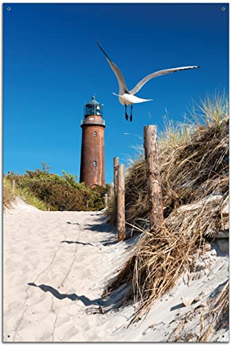 Wallario Garten-Poster Outdoor-Poster - Möwe am Strand mit Leuchtturm in Premiumqualität, Größe: 61 x 91,5 cm, für den Außeneinsatz geeignet von Wallario