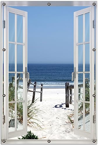 Wallario Outdoor-Poster für Garten oder Balkon Blick auf Strand, Motivbanner Größe: ca. 100 x 150 cm mit Fenster-Illusion von Wallario