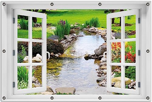 Wallario Outdoor-Poster für Garten oder Balkon Blumen am Teich, Motivbanner Größe: ca. 100 x 150 cm mit Fenster-Illusion von Wallario