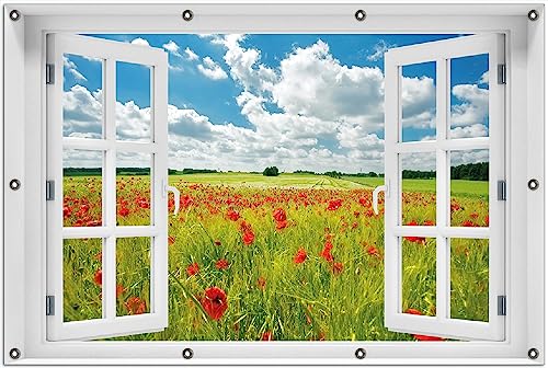 Wallario Outdoor-Poster für Garten oder Balkon Grüne Wiese mit Mohnblumen, Motivbanner Größe: ca. 100 x 150 cm mit Fenster-Illusion von Wallario
