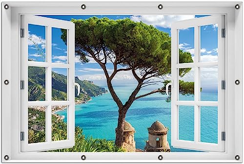 Wallario Outdoor-Poster für Garten oder Balkon Italienische Küste, Motivbanner Größe: ca. 100 x 150 cm mit Fenster-Illusion von Wallario