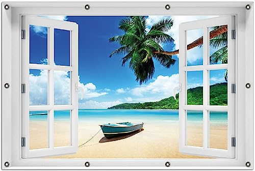 Wallario Outdoor-Poster für Garten oder Balkon Urlaub am Palmenstrand unter Palmen mit Fischerboot, Motivbanner Größe: ca. 100 x 150 cm mit Fenster-Illusion von Wallario
