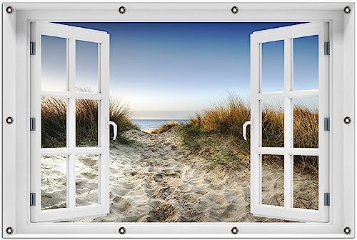 Wallario Outdoor-Poster für Garten oder Balkon Weg durch die Dünen zum Strand am Meer, Motivbanner Größe: ca. 100 x 150 cm mit Fenster-Illusion von Wallario