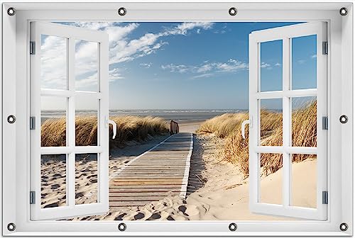 Wallario Outdoor-Poster für Garten oder Balkon Auf dem Holzweg zum Strand, Motivbanner Größe: ca. 80 x 120 cm Fenster-Illusion von Wallario