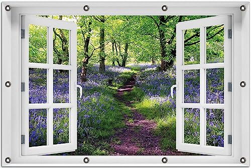 Wallario Outdoor-Poster für Garten oder Balkon Blaues Hasenglöckchen im Wald, Motivbanner Größe: ca. 80 x 120 cm Fenster-Illusion von Wallario