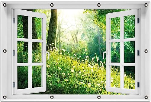 Wallario Outdoor-Poster für Garten oder Balkon Pusteblumen im Wald mit einfallenden Sonnenstrahlen, Motivbanner Größe: ca. 80 x 120 cm Fenster-Illusion von Wallario