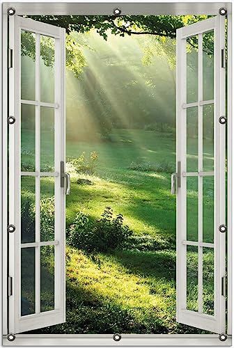 Wallario Outdoor-Poster für Garten oder Balkon Sonnenstrahlen im Wald, Motivbanner Größe: ca. 80 x 120 cm Fenster-Illusion von Wallario