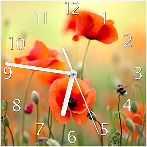 Wallario Design-Wanduhr Mohnblumenblüten aus Glas, Motiv-Uhr Größe 20 x 20 cm, weiße Zeiger von Wallario