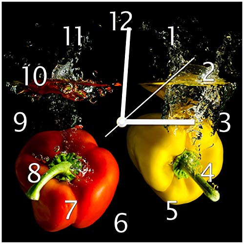 Wallario Design-Wanduhr Bunte Küche Paprika in rot gelb orange und grün im Wasser aus Glas, Motiv-Uhr Größe 30 x 30 cm, weiße Zeiger von Wallario