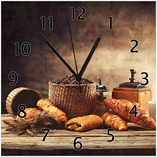 Wallario Design-Wanduhr Französisches Frühstück mit Café und Croissants aus Glas, Motiv-Uhr Größe 30 x 30 cm, Schwarze Zeiger von Wallario