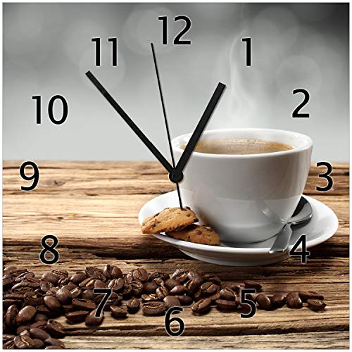 Wallario Design-Wanduhr Heiße Tasse Kaffee mit Kaffeebohnen aus Glas, Motiv-Uhr Größe 30 x 30 cm, Schwarze Zeiger von Wallario