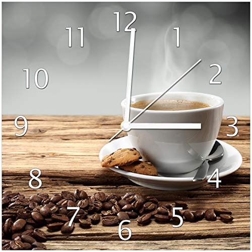 Wallario Design-Wanduhr Heiße Tasse Kaffee mit Kaffeebohnen aus Glas, Motiv-Uhr Größe 30 x 30 cm, weiße Zeiger von Wallario