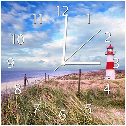Wallario Design-Wanduhr Leuchtturm am Strand von Sylt aus Glas, Motiv-Uhr Größe 30 x 30 cm, weiße Zeiger von Wallario