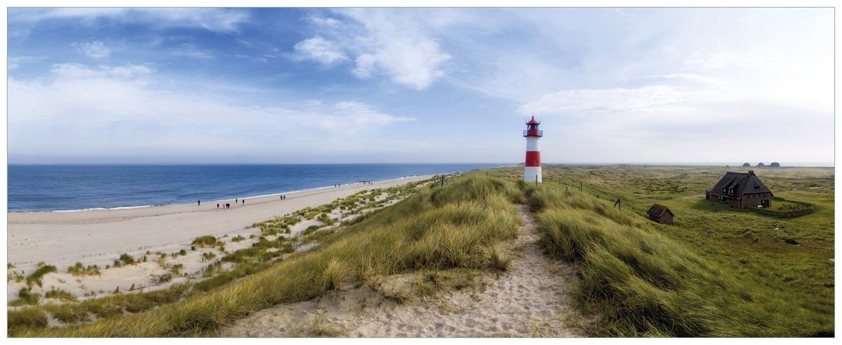 Wallario Glasbild, Am Strand von Sylt Leuchtturm auf der Düne Panorama, in verschiedenen Ausführungen von Wallario