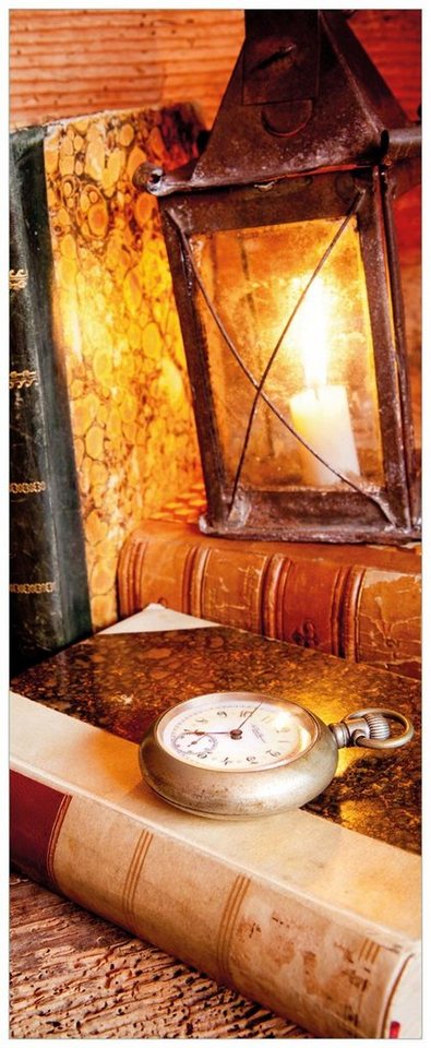 Wallario Glasbild, Antike Laterne mit Kerze alten Büchern und Taschenuhr, in verschiedenen Ausführungen von Wallario