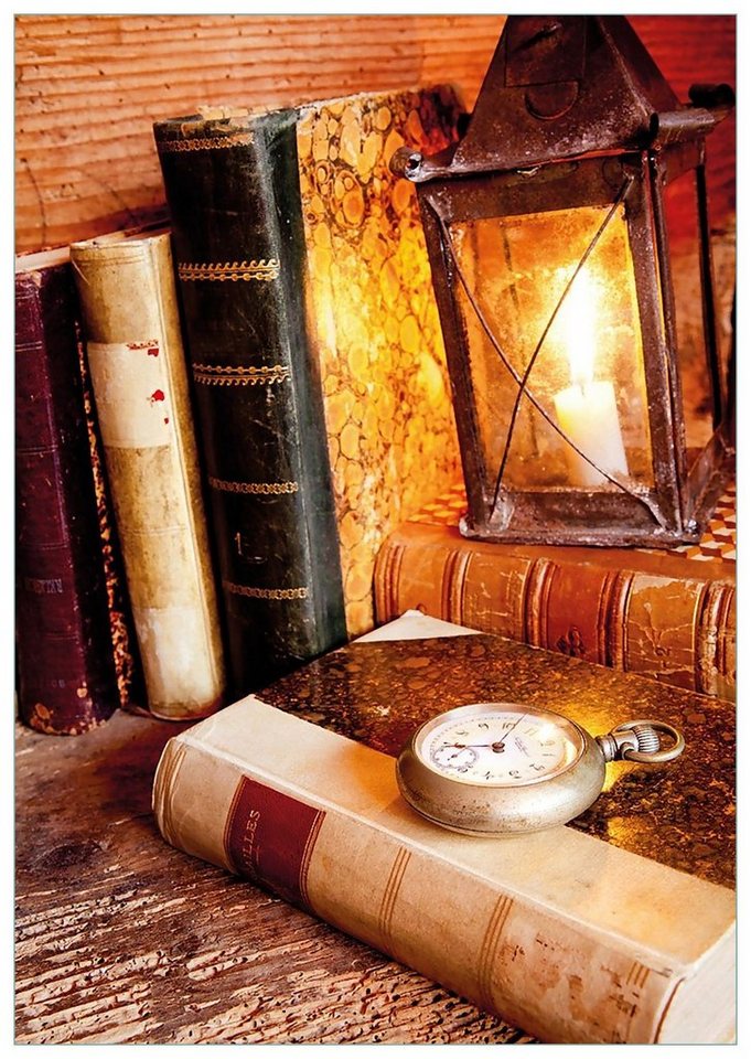 Wallario Glasbild, Antike Laterne mit Kerze alten Büchern und Taschenuhr, in verschiedenen Ausführungen von Wallario