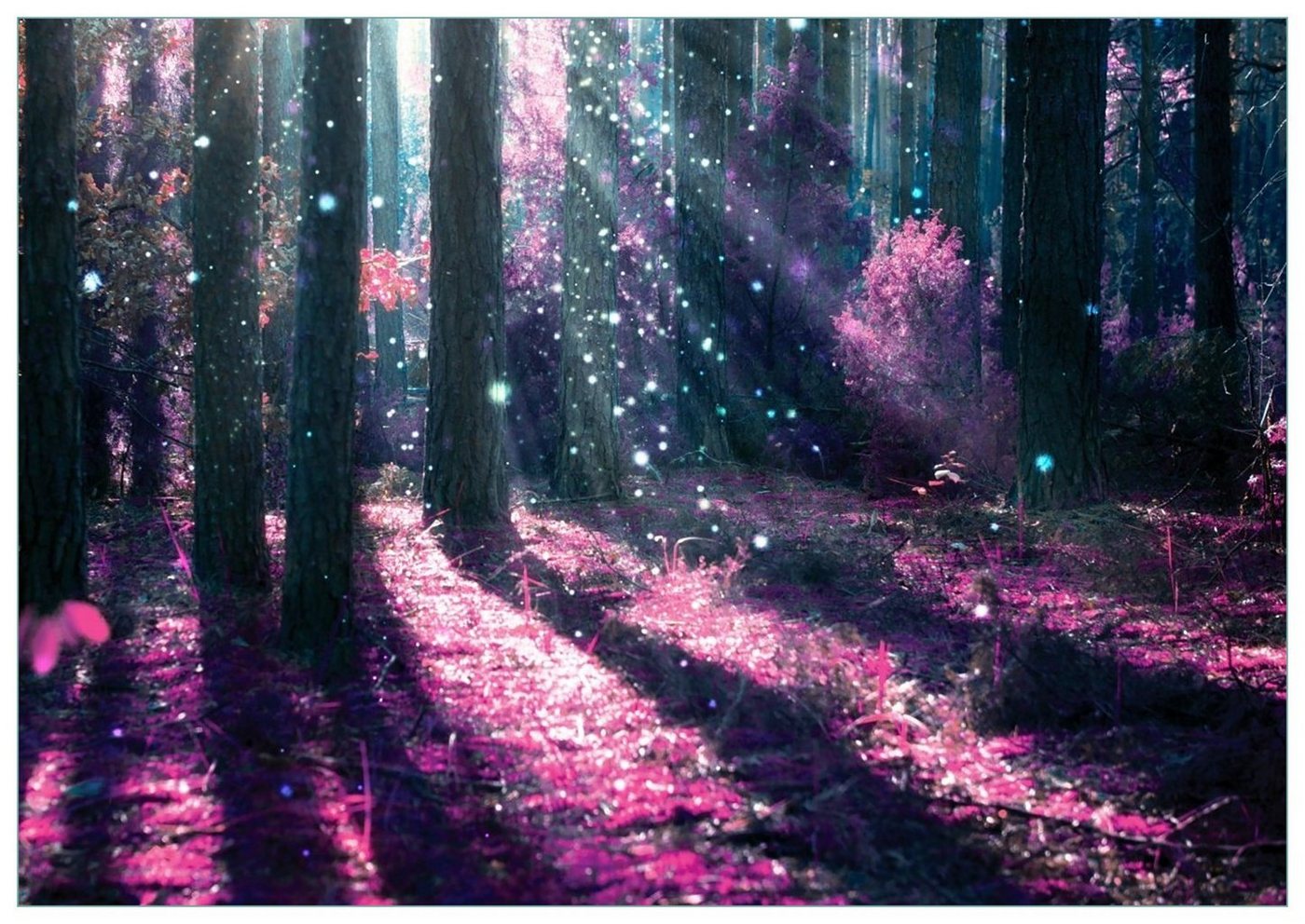 Wallario Glasbild, Fantasie im Wald - Pinke Blumen in der Sonne, in verschiedenen Ausführungen von Wallario