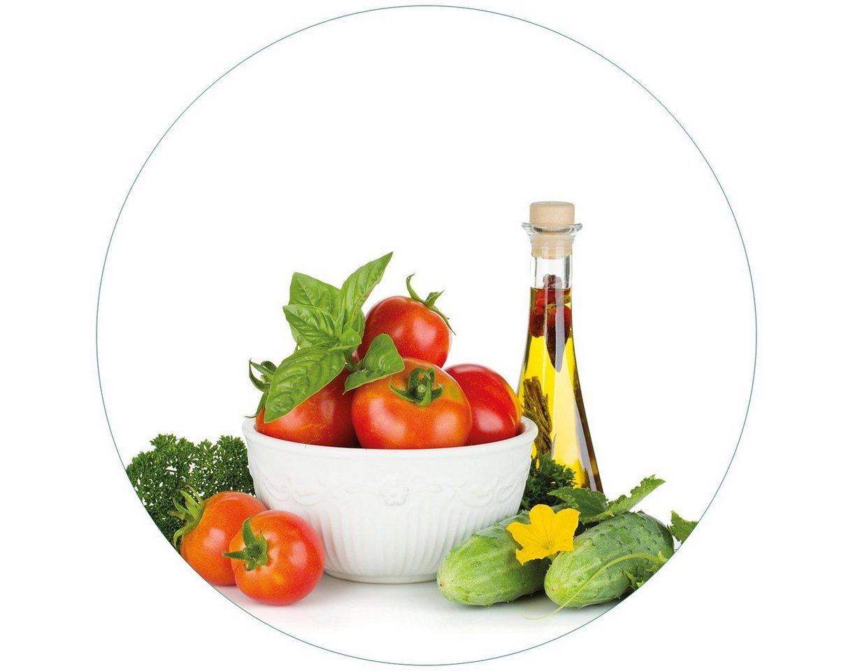 Wallario Glasbild, Frische Salatzutaten mit Kräuter-Öl - Tomaten, Gurke, Petersilie, in verschiedenen Ausführungen von Wallario