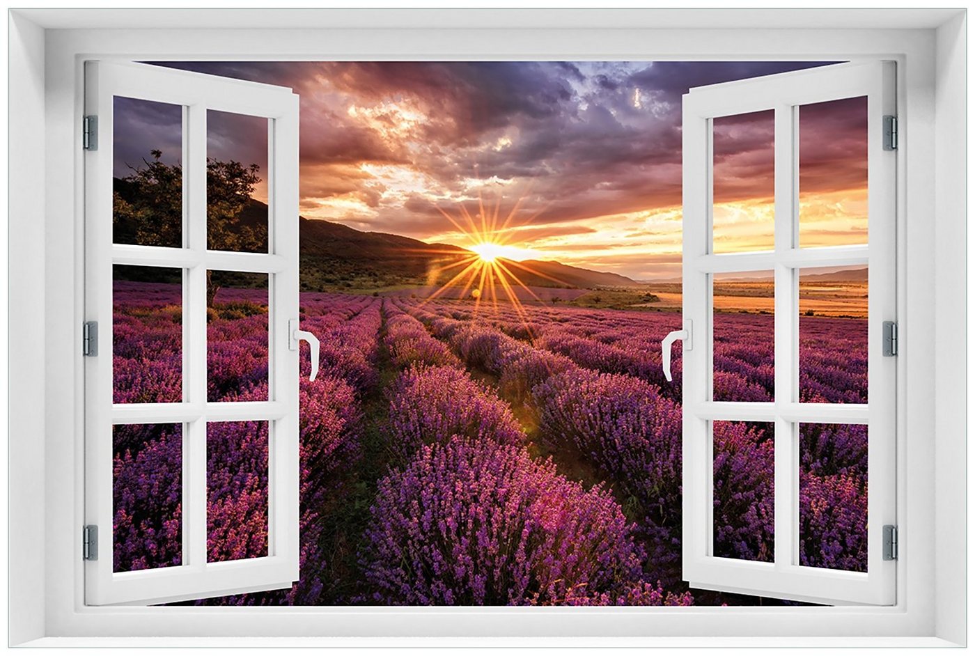 Wallario Glasbild, Lavendelfeld bei Sonnenuntergang - Sonnenstrahlen, in verschiedenen Ausführungen von Wallario
