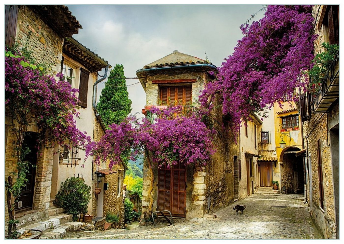 Wallario Glasbild, Malerische Stadt in der Provence mit bunten Blumen, in verschiedenen Ausführungen von Wallario