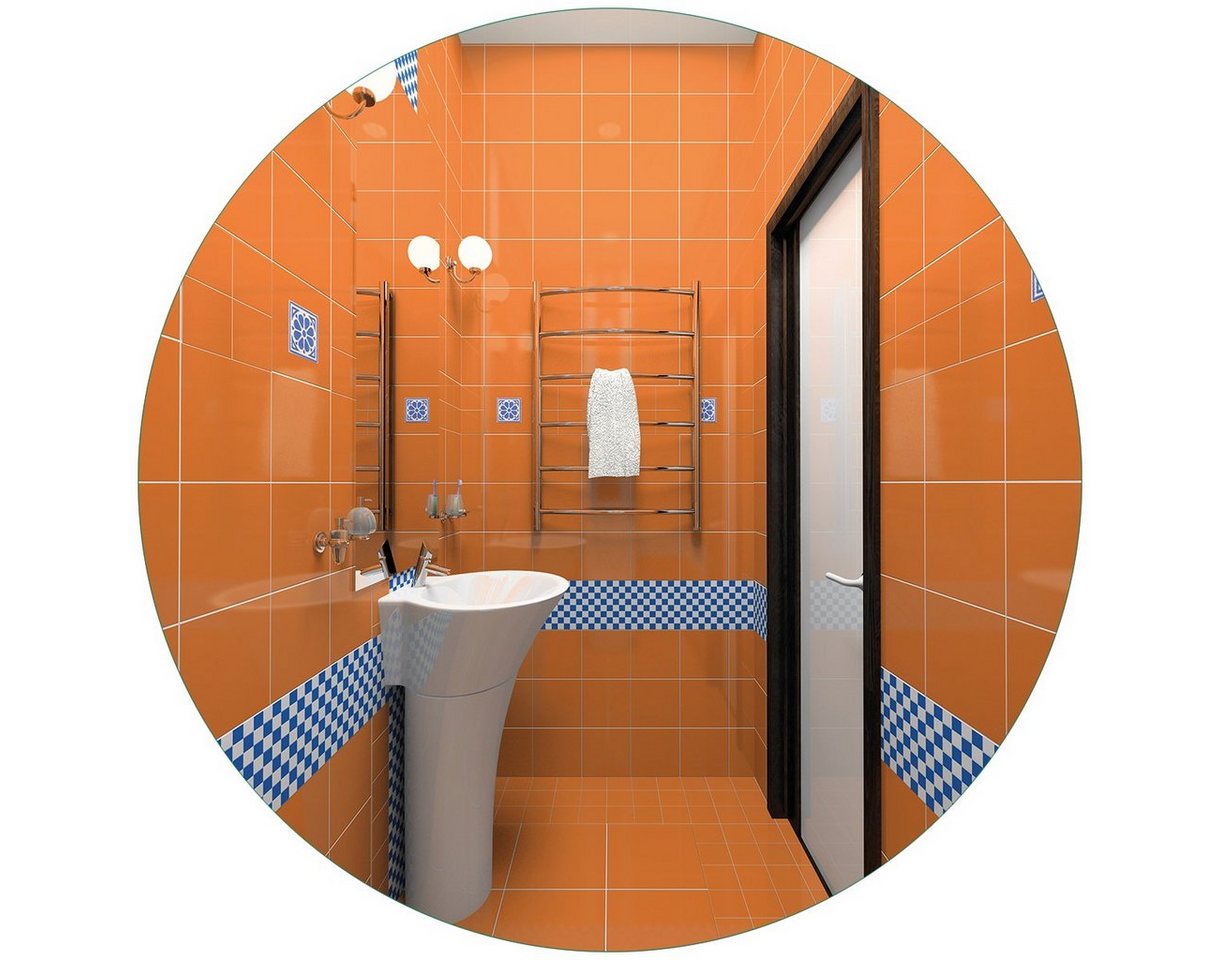 Wallario Glasbild, Modernes Badezimmer in orange mit blauen Fliesen, in verschiedenen Ausführungen von Wallario