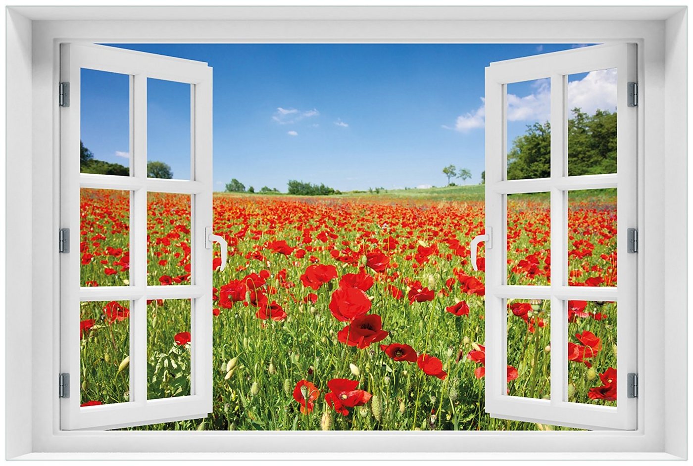 Wallario Glasbild, Mohnblumenfeld- rote Blumen unter blauem Himmel, in verschiedenen Ausführungen von Wallario