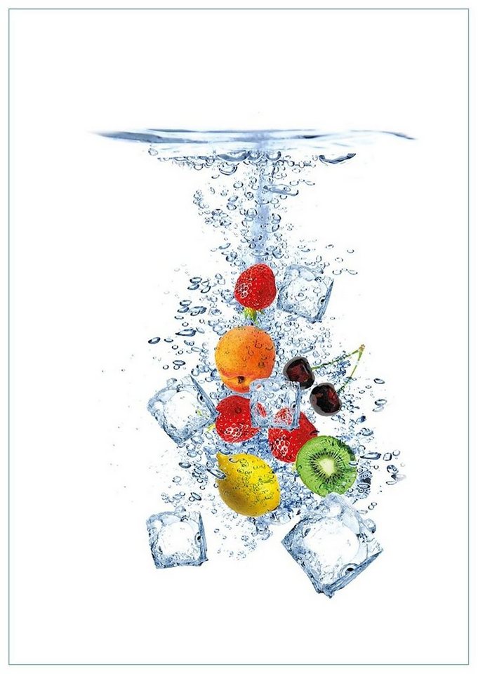 Wallario Glasbild, Obst-Eiswürfel-Mix im Wasser mit weißem Hintergrund, in verschiedenen Ausführungen von Wallario