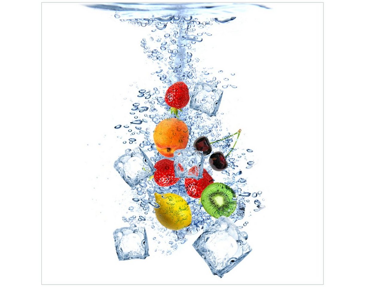 Wallario Glasbild, Obst-Eiswürfel-Mix im Wasser mit weißem Hintergrund, in verschiedenen Ausführungen von Wallario