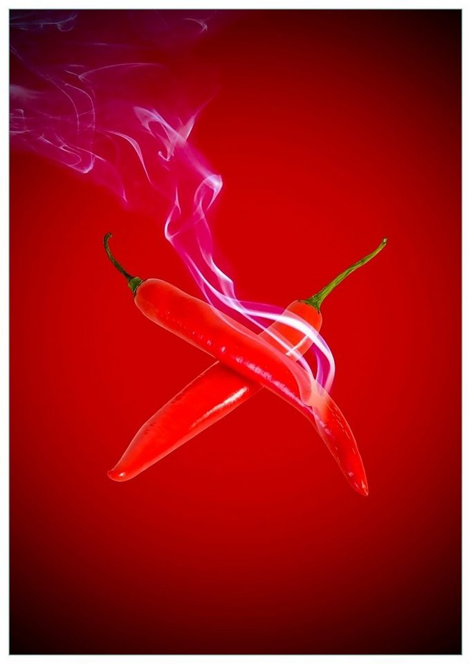 Wallario Glasbild, Rauchende Chili-Schoten im Duo vor rotem Hintergrund, in verschiedenen Ausführungen von Wallario