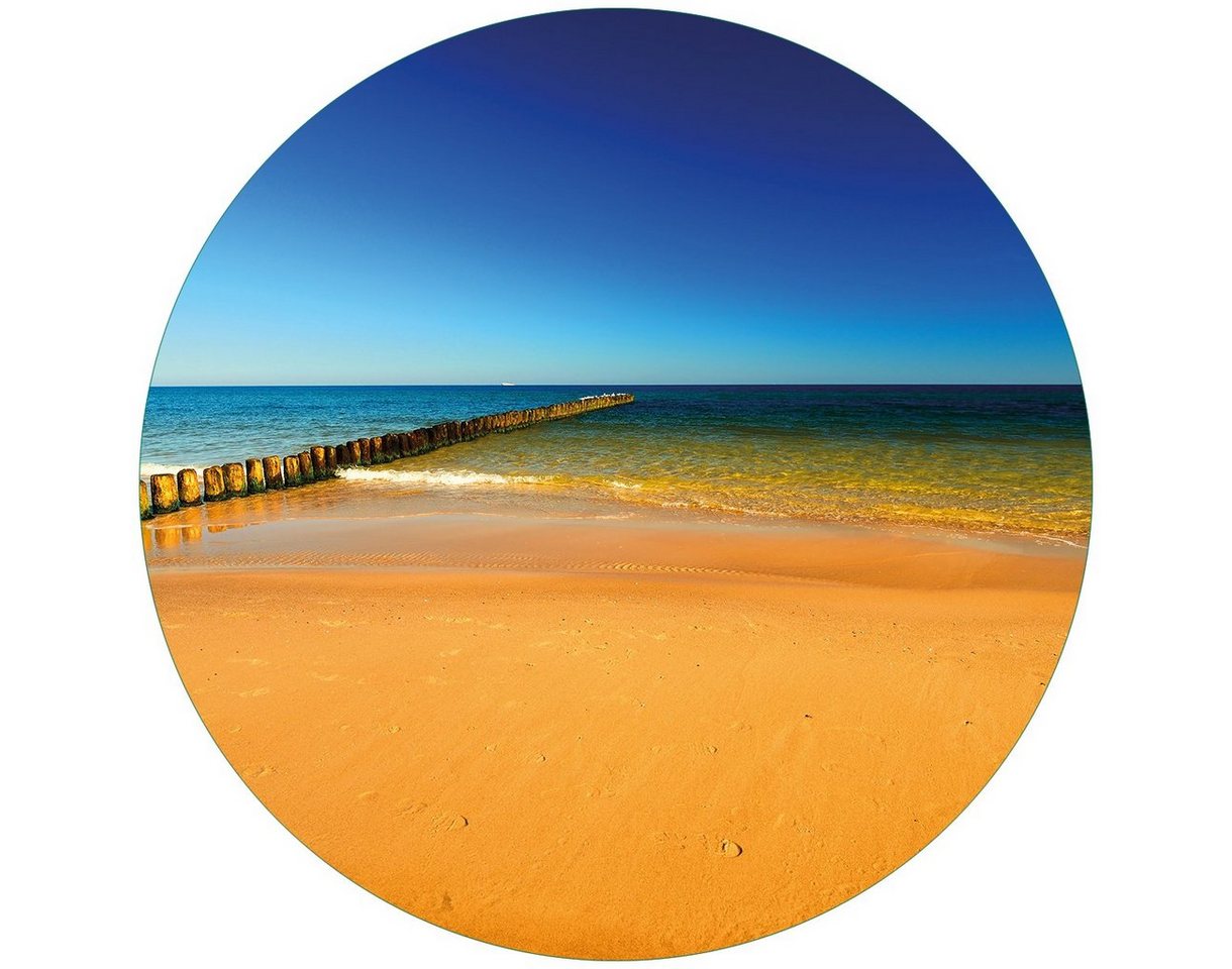 Wallario Glasbild, Sandstrand in orange - Blaues Meer - Blauer Himmel, in verschiedenen Ausführungen von Wallario