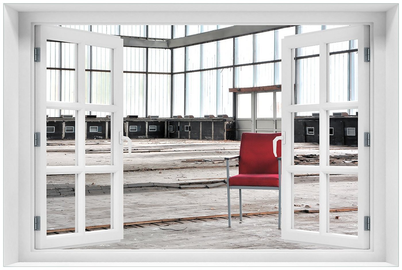 Wallario Glasbild, Stille und Leere - ein einsamer roter Stuhl in einer alten Halle, in verschiedenen Ausführungen von Wallario