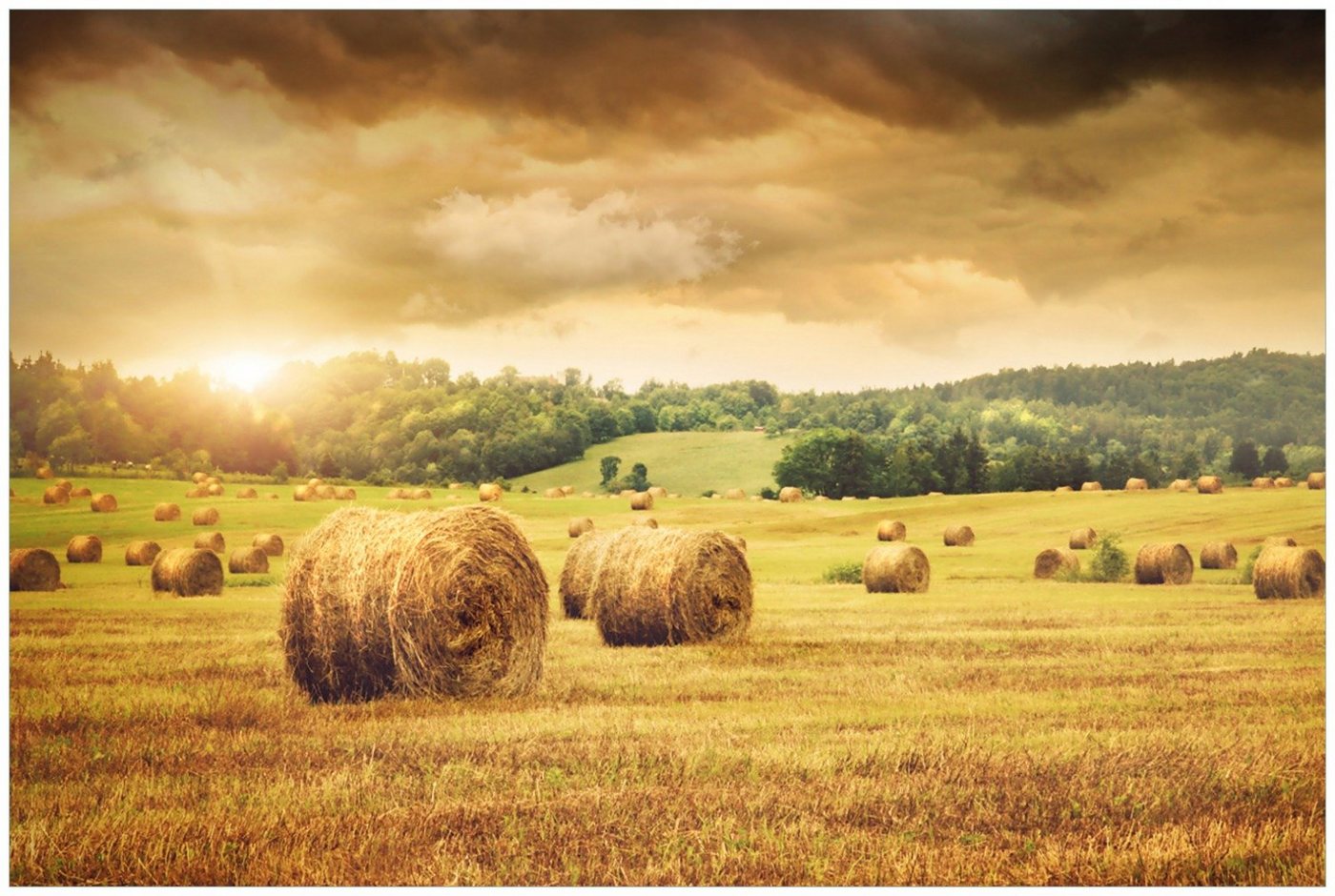 Wallario Glasbild, Strohballen auf dem Feld bei Sonnenuntergang, in verschiedenen Ausführungen von Wallario