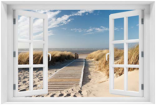 Wallario Glasbild 60 x 90 cm mit Fensterrahmen mit Fenster-Illusion: Auf dem Holzweg zum Strand - Wandbild mit freischwebender Optik Wallario Glasbild 60 x 90 cm mit Fensterrahmen mit Fenster-Illusion: Auf dem Holzweg zum Strand - Wandbild mit freischwebender Optik von Wallario