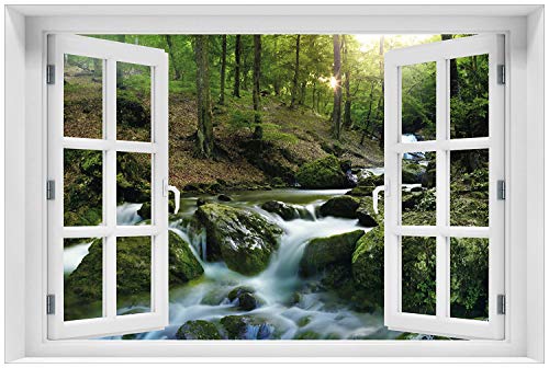 Wallario Glasbild 60 x 90 cm mit Fensterrahmen mit Fenster-Illusion: Fließender Bach im Wald bei Sonnenuntergang - Wandbild mit freischwebender Optik von Wallario