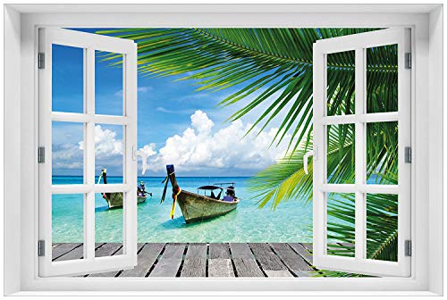 Wallario Glasbild 60 x 90 cm mit Fensterrahmen mit Fenster-Illusion: Sonnenboot in der Karibik - Wandbild mit freischwebender Optik von Wallario