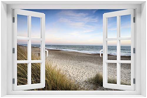 Wallario Glasbild 60 x 90 cm mit Fensterrahmen mit Fenster-Illusion: Strandspaziergang im Urlaub an der Ostsee - Wandbild mit freischwebender Optik von Wallario