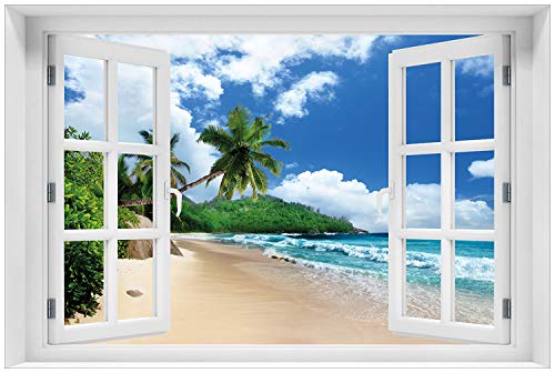 Wallario Glasbild 60 x 90 cm mit Fensterrahmen mit Fenster-Illusion: Urlaub auf den Seychellen unter Palmen am Sandstrand - Wandbild mit freischwebender Optik von Wallario