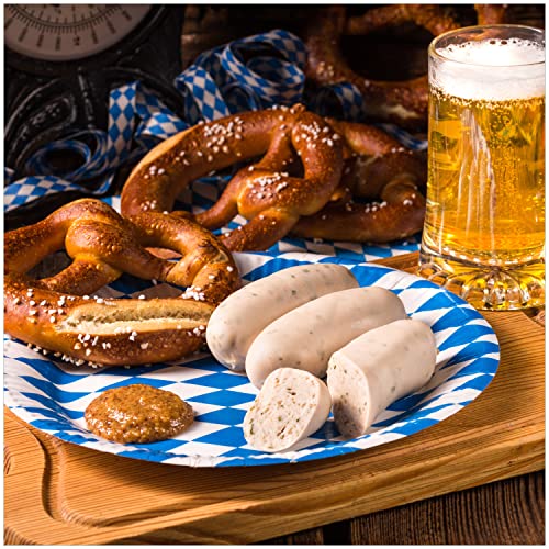 Wallario Glasbild Bayerische Brotzeit mit Weißwurst, Brezel und Bier - 50 x 50 cm Wandbilder Glas in Premium-Qualität: Brillante Farben, freischwebende Optik von Wallario