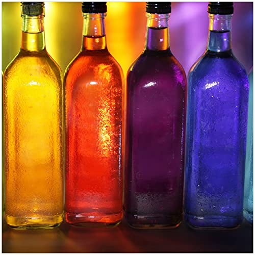 Wallario Glasbild Gelb-lila Flaschen - 30 x 30 cm Wandbilder Glas in Premium-Qualität: Brillante Farben, freischwebende Optik von Wallario