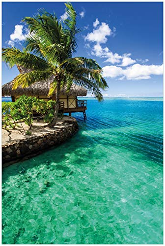 Wallario Glasbild Karibisches Meer Einsame Hütte unter Palmen - 60 x 90 cm Wandbilder Glas in Premium-Qualität: Brillante Farben, freischwebende Optik von Wallario