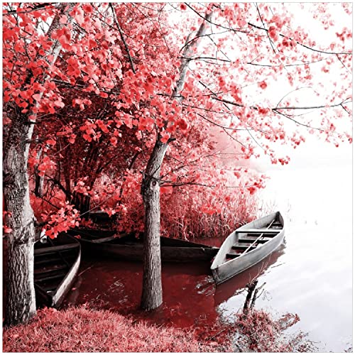 Wallario Glasbild Romantische Bootsanlegestelle in rot-weiß - 30 x 30 cm Wandbilder Glas in Premium-Qualität: Brillante Farben, freischwebende Optik von Wallario