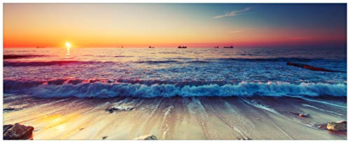 Wallario Glasbild Sonnenuntergang am Meer mit Wellen am Strand - 50 x 125 cm Wandbilder Glas in Premium-Qualität: Brillante Farben, freischwebende Optik von Wallario