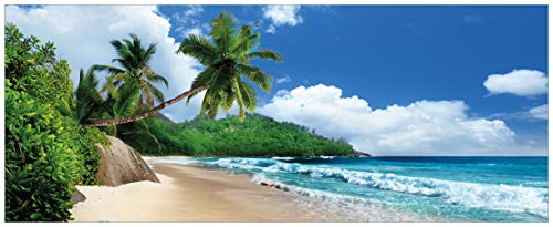 Wallario Glasbild Urlaub auf den Seychellen unter Palmen am Sandstrand - 50 x 125 cm Wandbilder Glas in Premium-Qualität: Brillante Farben, freischwebende Optik von Wallario